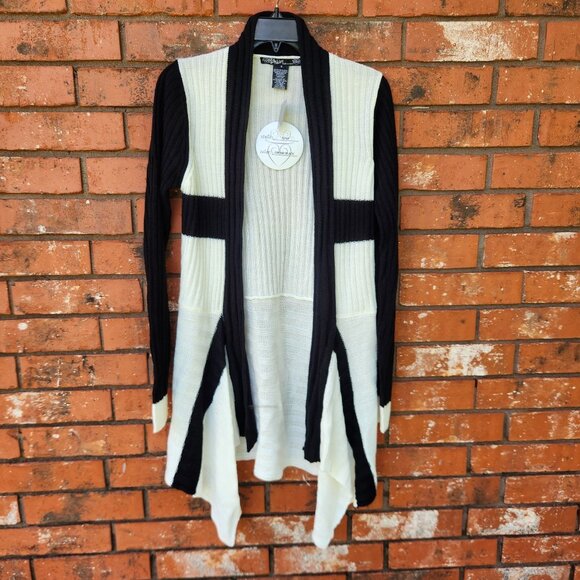 New with tags! Ashley Black & Cream Open Front Ribbed Knit Cardigan Sweater Size - Picture 1 of 7